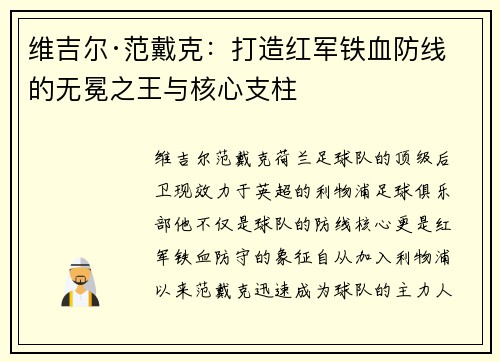 维吉尔·范戴克：打造红军铁血防线的无冕之王与核心支柱
