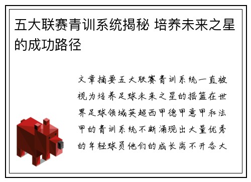 五大联赛青训系统揭秘 培养未来之星的成功路径