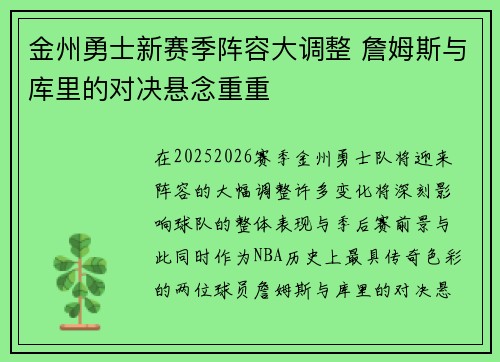 金州勇士新赛季阵容大调整 詹姆斯与库里的对决悬念重重 金州勇士新赛季阵容大调整 詹姆斯与库里的对决悬念重重
